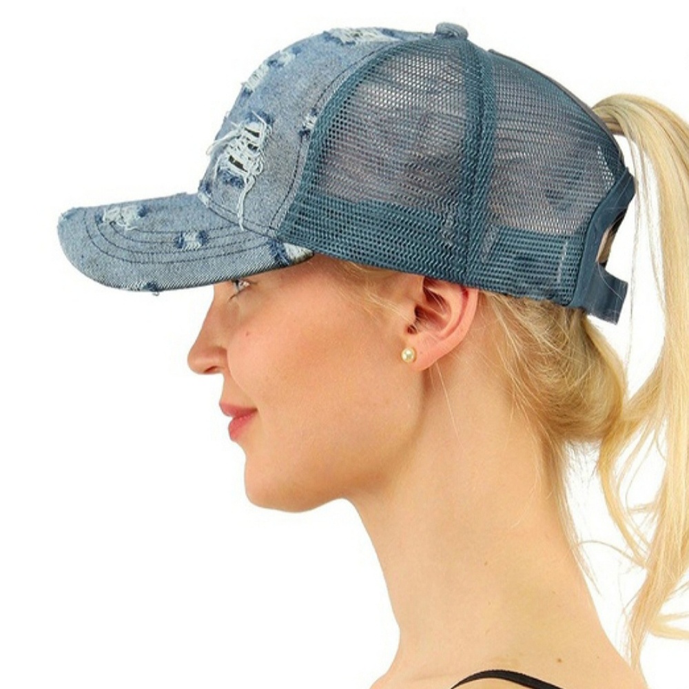 Distressed Jean ponytail baseball cap